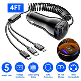 5-in-1 Fast Charge Car Charger QC PD USB Type C LT 5 Port with 4ft Coiled Cable
