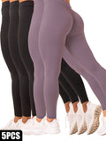 5 Pack Women's Solid Color Hip-raising High-waisted V-back Waist Seamed Yoga Fitness Tights, Women-Butt Lift High Waisted Tummy Control Yoga Pants-Workout Running Leggings