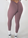 5 Pack Women's Solid Color Hip-raising High-waisted V-back Waist Seamed Yoga Fitness Tights, Women-Butt Lift High Waisted Tummy Control Yoga Pants-Workout Running Leggings