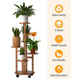 5-Tier Plant Stand with 4 Detachable Wheels Wooden Plant Pot Rolling Shelf