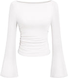 7DAY'S Women's Long Sleeve Shirts 2025 Fall Crop Going Out Tops Casual Boat Neck Bell Sleeve Ribbed Ruched Y2K Clothes