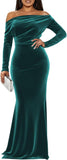 Off The Shoulder Velvet Formal Dresses Mermaid Long Sleeve Wedding Guest Dress Wrap Evening Dress