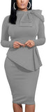 Women's Peplum Bodycon Long Sleeve Wear to Work Dresses Bow Party Club Ruffle Formal Cocktail Pencil Dress