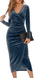 Women's V Neck Wrap Sexy Velvet Long Sleeve Elegant Bodycon Ruched Cocktail Party