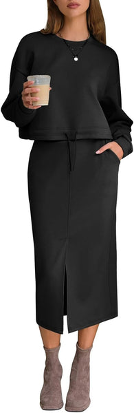 EXLURA Womens 2 Piece Skirts Set Fall Airport Drawstring Sweatshirts Midi Skirt Dress Lounge Sets Travel Outfits Winter 2025