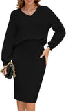 Pink Queen Women's 2 Piece Outfits Set Knit V Neck Batwing Long Sleeve Loose Top Bodycon Midi Skirt Sweater Dresses
