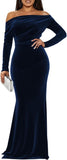 Off The Shoulder Velvet Formal Dresses Mermaid Long Sleeve Wedding Guest Dress Wrap Evening Dress