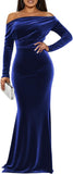 Off The Shoulder Velvet Formal Dresses Mermaid Long Sleeve Wedding Guest Dress Wrap Evening Dress