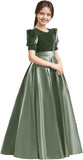 Velvet Flower Girl Dresses A-Line Pageant Princes Satin Ball Gowns with Bow Long Puffy Sleeve First Communion Dress