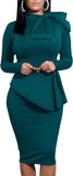 Women's Peplum Bodycon Long Sleeve Wear to Work Dresses Bow Party Club Ruffle Formal Cocktail Pencil Dress