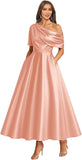Tea Length Mother of Bride Dresses for Women Satin One Shoulder Wedding Guest Dress Formal Evening Party Gown with Pocket