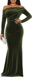 Off The Shoulder Velvet Formal Dresses Mermaid Long Sleeve Wedding Guest Dress Wrap Evening Dress