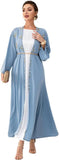 Muslim Abaya Long Sleeve Open Front Rhinestones Kaftan Cardigan Maxi Dress for Women with Belt