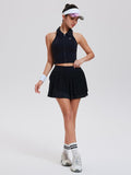 Airfree Tennis Skirt Sets for Women Outfits Lapel Collar Sleeveless Vests Patchwork Pleated Skirt Sets
