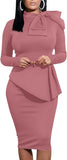 Women's Peplum Bodycon Long Sleeve Wear to Work Dresses Bow Party Club Ruffle Formal Cocktail Pencil Dress