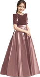 Velvet Flower Girl Dresses A-Line Pageant Princes Satin Ball Gowns with Bow Long Puffy Sleeve First Communion Dress