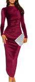 Wenrine Women's Velvet Bodycon Midi Dress Long Sleeve Ruched Elegant Cocktail Party Dresses