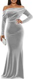 Off The Shoulder Velvet Formal Dresses Mermaid Long Sleeve Wedding Guest Dress Wrap Evening Dress