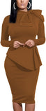 Women's Peplum Bodycon Long Sleeve Wear to Work Dresses Bow Party Club Ruffle Formal Cocktail Pencil Dress