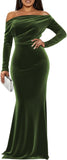 Off The Shoulder Velvet Formal Dresses Mermaid Long Sleeve Wedding Guest Dress Wrap Evening Dress