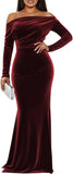 Off The Shoulder Velvet Formal Dresses Mermaid Long Sleeve Wedding Guest Dress Wrap Evening Dress