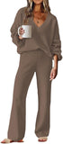 ETCYY NEW Womens 2 Piece Outfits Sweater Lounge Set Casual V Neck Knit Pajama Set Long Sleeve Top Wide Leg Pants Loungewear