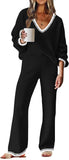 ETCYY NEW Womens 2 Piece Outfits Sweater Lounge Set Casual V Neck Knit Pajama Set Long Sleeve Top Wide Leg Pants Loungewear