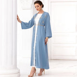 Muslim Abaya Long Sleeve Open Front Rhinestones Kaftan Cardigan Maxi Dress for Women with Belt