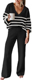 Viottiset Women's 2 Piece Outfits Casual V Neck Knit Wide Leg Sweater Lounge Set Sweatsuit