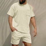 Mens Corduroy Casual Crew-Neck Shorts Set