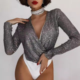 Fashionable And Sexy Beaded Long-sleeve V-neck Bodysuit