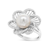 14K White Gold 11mm Round Pearl and 1/3 Cttw Round Diamond Openwork Flower Blossom Ring (H-I Color, VS1-VS2 Clarity) - Size 6.50