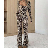Women's Slim-fit Hip-wrapped Square Collar Leopard Print Jumpsuit