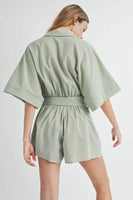 MABLE Embroidered Button Down Collared Neck Romper