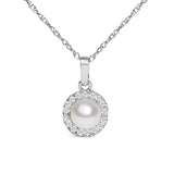 10K White Gold 5MM Cultured Pearl and Diamond Accent Halo Pendant Necklace
