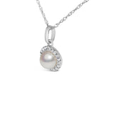 10K White Gold 5MM Cultured Pearl and Diamond Accent Halo Pendant Necklace