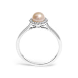 10K White Gold 5MM Cultured Freshwater Pearl  and Diamond Halo Ring (I-J Color, I1-I2 Clarity) - Ring Size 6.5