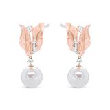 14K Rose Gold 1/6 Cttw Round Diamond and 8mm Round Pearl Floral Drop Stud Earrings (H-I Color, I1-I2 Clarity)