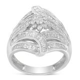 .925 Sterling Silver 1-1/8 Cttw Round & Baguette Diamond 'Flower & Fern' Cluster Cocktail Fashion Ring (I-J Color, I2-I3 Clarity) - Size 6