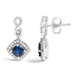 10K White Gold Blue  Sapphire and Diamond Halo Cushion Shaped Drop Earrings (I-J Color, I1-I2 Clarity)