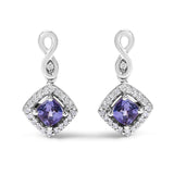 10K White Gold Blue Purple Tanzanite and Diamond Halo Cushion Shaped Drop Earrings (I-J Color, I1-I2 Clarity)