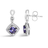10K White Gold Blue Purple Tanzanite and Diamond Halo Cushion Shaped Drop Earrings (I-J Color, I1-I2 Clarity)