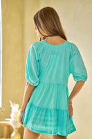 Davi & Dani Solid Ruffled Flared Short Sleeve V Neck Top