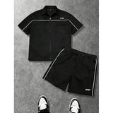 Striped Zip-front Short-sleeve Shirt And Shorts Set