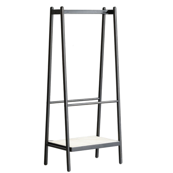 (Black) Solid Oak Wood Clothes Rack, Black Rattan Hanger Rack-clothes Rack with Shelves, Cloth Hanger Standing Garment Racks for Hanging Clothes