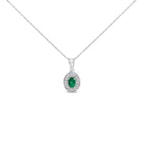 14K White Gold Oval 6x4 MM Green Emerald and Diamond Halo Pendant Necklace - 18 inch