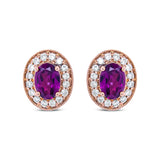 14K Rose Gold 7x5mm Oval Cut Garnet and 3/8 Cttw Round Diamond Halo Stud Earrings (G-H Color, SI1-SI2 Clarity)