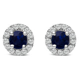 10K White Gold 3.25mm x 3.25mm Round Blue Sapphire and 1/10 Cttw Diamond Halo Stud Earrings (I-J Color, I1-I2 Clarity)