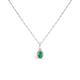 10K White Gold 5x3mm Green Emerald and Diamond Accent Halo Oval Shape 18" Pendant Necklace (I-J Color, I1-I2 Clarity)