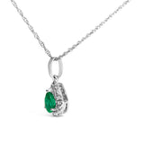 10K White Gold 5x3mm Green Emerald and Diamond Accent Halo Pear Shape 18" Pendant Necklace (I-J Color, I1-I2 Clarity)